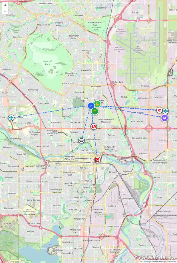 Daily accessibility map for 3411 CENTRE B ST NW, Calgary showing nearby schools, grocery stores, parks, LRT stations and nearby amenities