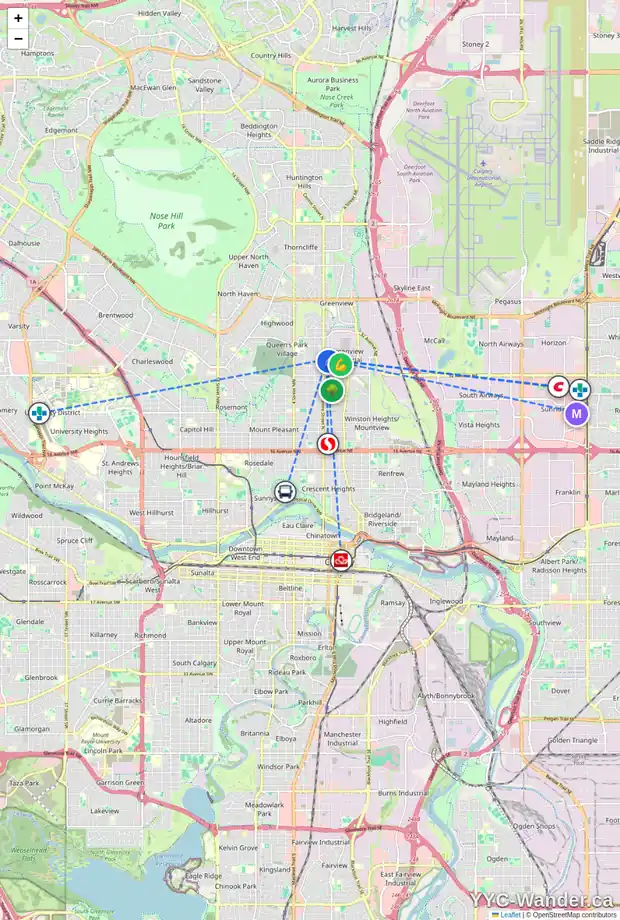 Daily accessibility map for 3615 CENTRE A ST NE, Calgary showing nearby schools, grocery stores, parks, LRT stations and nearby amenities