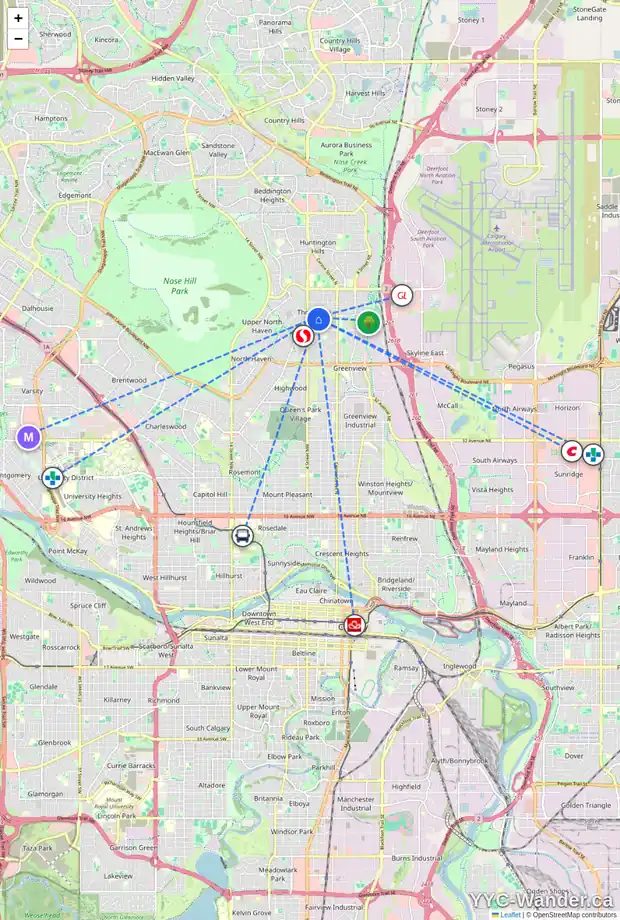 Daily accessibility map for 319 SPYHILL RD NW, Calgary showing nearby schools, grocery stores, parks, LRT stations and nearby amenities