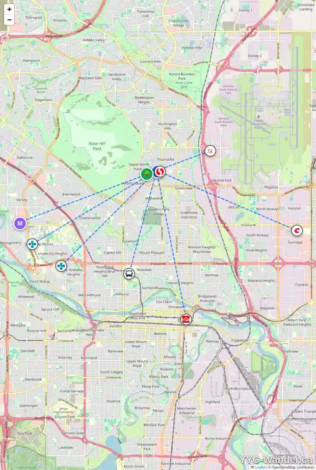 Daily accessibility map for 187 NORTHMOUNT DR NW, Calgary showing nearby schools, grocery stores, parks, LRT stations and nearby amenities