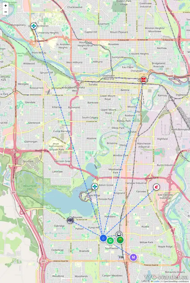 Daily accessibility map for 44 SELKIRK DR SW, Calgary showing nearby schools, grocery stores, parks, LRT stations and nearby amenities