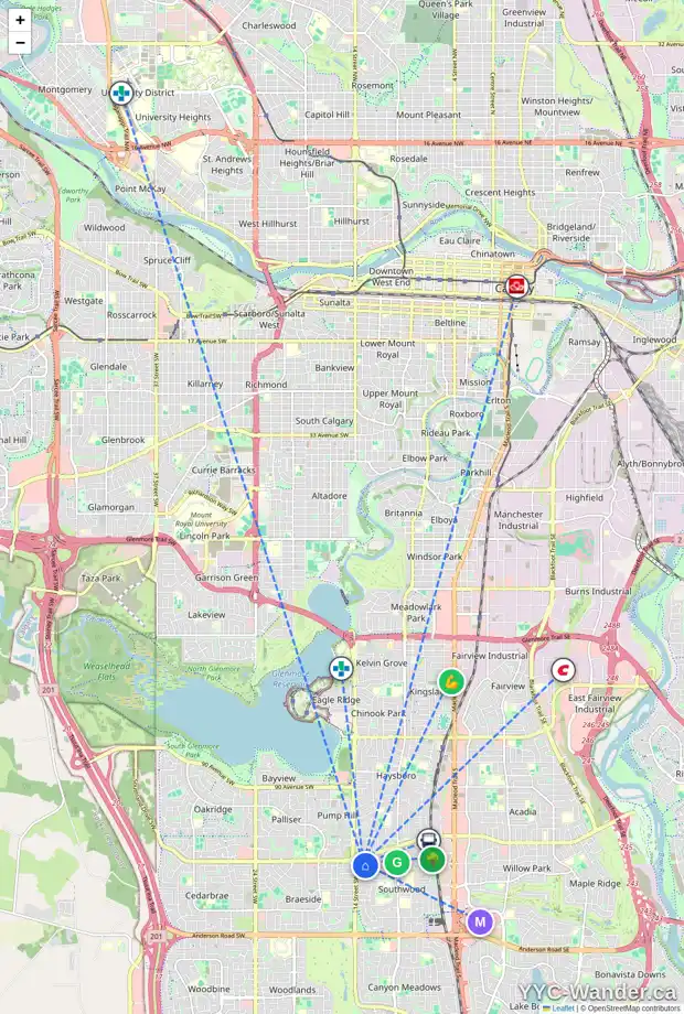 Daily accessibility map for 10412 SAXON PL SW, Calgary showing nearby schools, grocery stores, parks, LRT stations and nearby amenities