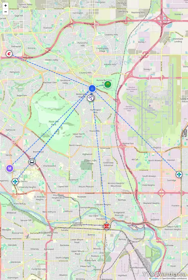 Daily accessibility map for 68 BERNARD CL NW, Calgary showing nearby schools, grocery stores, parks, LRT stations and nearby amenities