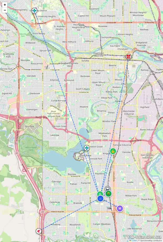 Daily accessibility map for 10603 ELBOW DR SW, Calgary showing nearby schools, grocery stores, parks, LRT stations and nearby amenities