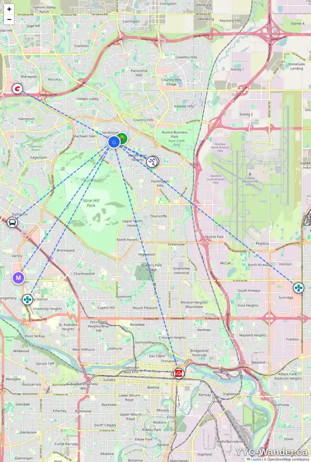 Daily accessibility map for 252 SANDARAC PL NW, Calgary showing nearby schools, grocery stores, parks, LRT stations and nearby amenities