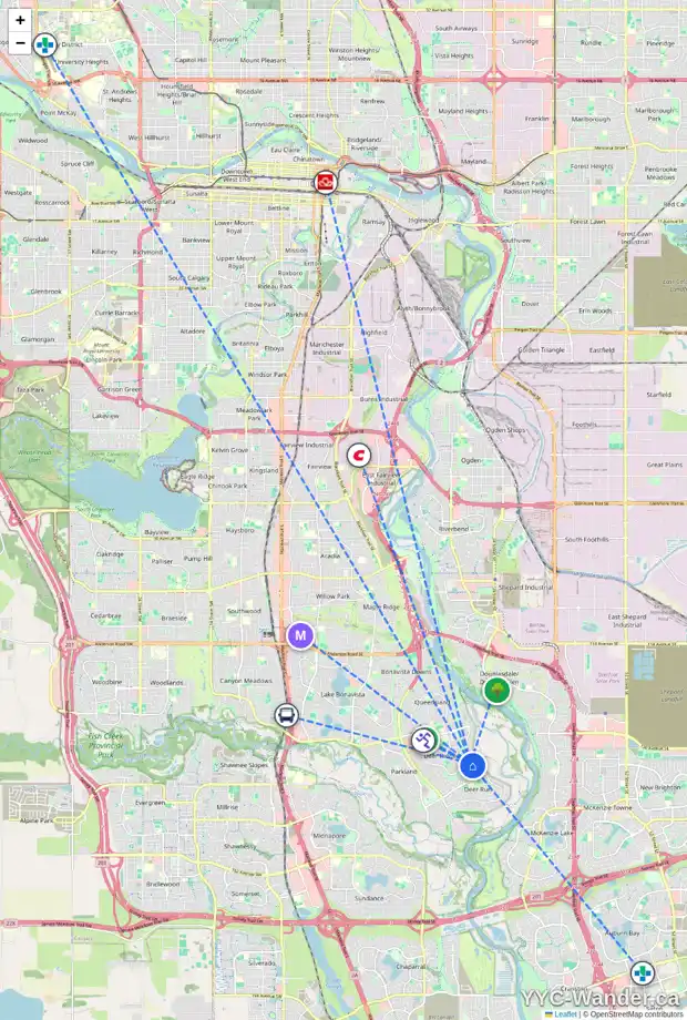 Daily accessibility map for 23 DEERCROSS WY SE, Calgary showing nearby schools, grocery stores, parks, LRT stations and nearby amenities