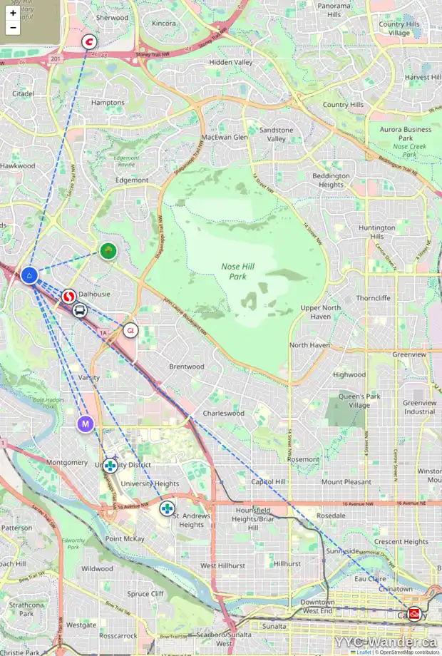 Daily accessibility map for 5983 DALCASTLE DR NW, Calgary showing nearby schools, grocery stores, parks, LRT stations and nearby amenities