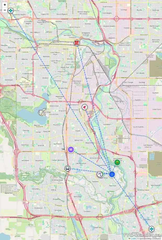 Daily accessibility map for 52 DEERMOSS CR SE, Calgary showing nearby schools, grocery stores, parks, LRT stations and nearby amenities