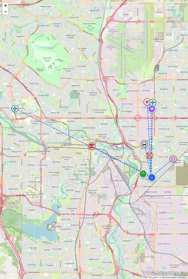 Daily accessibility map for 3515 33 ST SE, Calgary showing nearby schools, grocery stores, parks, LRT stations and nearby amenities