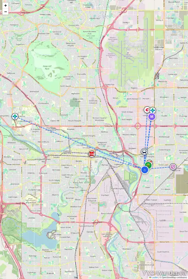 Daily accessibility map for 2045 27 ST SE, Calgary showing nearby schools, grocery stores, parks, LRT stations and nearby amenities