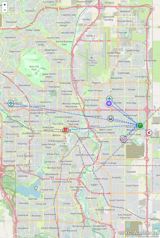 Daily accessibility map for 512 PENSWOOD RD SE, Calgary showing nearby schools, grocery stores, parks, LRT stations and nearby amenities