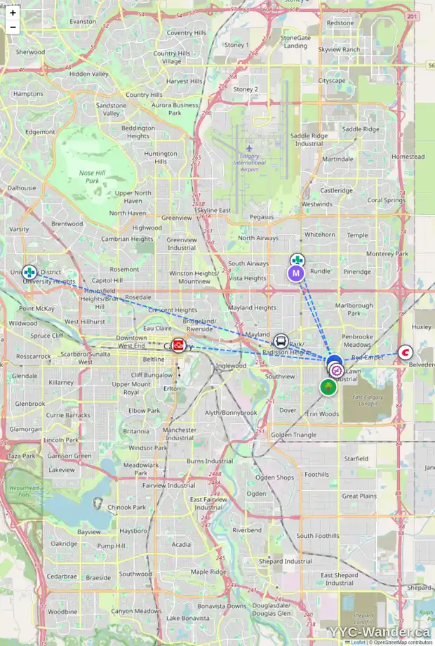 Daily accessibility map for 1535 50 ST SE, Calgary showing nearby schools, grocery stores, parks, LRT stations and nearby amenities