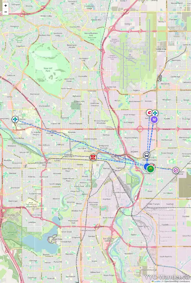 Daily accessibility map for 2827 15 AV SE, Calgary showing nearby schools, grocery stores, parks, LRT stations and nearby amenities