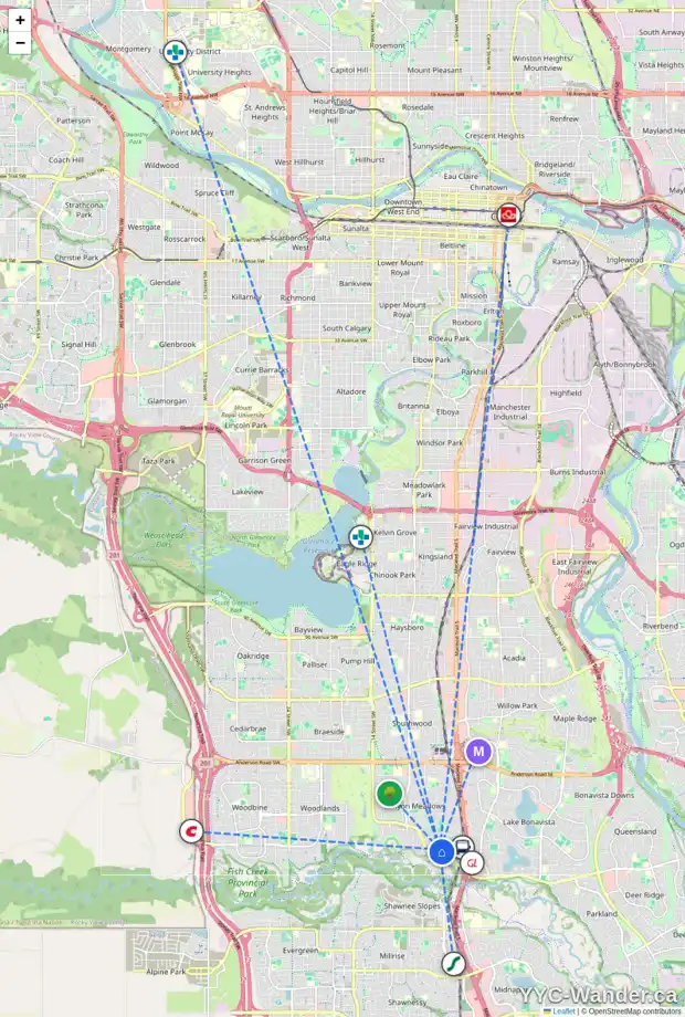Daily accessibility map for 13115 6 ST SW, Calgary showing nearby schools, grocery stores, parks, LRT stations and nearby amenities
