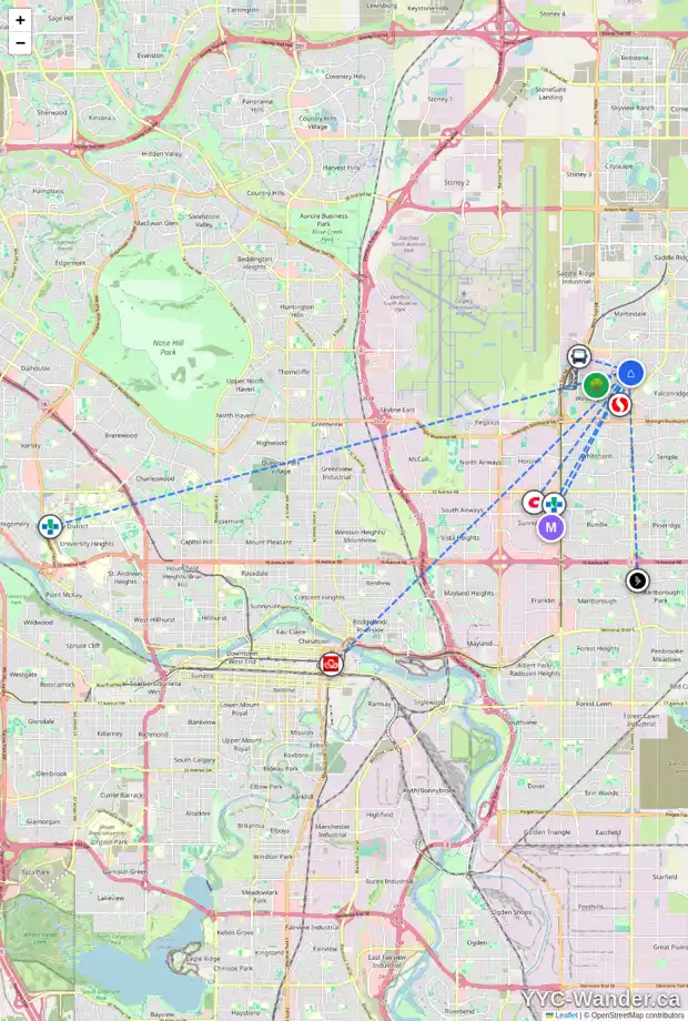 Daily accessibility map for 112 CASTLEGROVE RD NE, Calgary showing nearby schools, grocery stores, parks, LRT stations and nearby amenities
