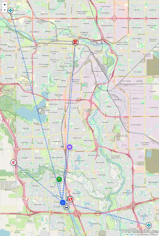 Daily accessibility map for 227 SHAWGLEN RD SW, Calgary showing nearby schools, grocery stores, parks, LRT stations and nearby amenities