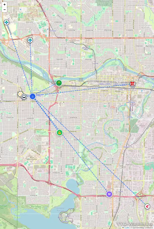 Daily accessibility map for 3015 13 AV SW, Calgary showing nearby schools, grocery stores, parks, LRT stations and nearby amenities