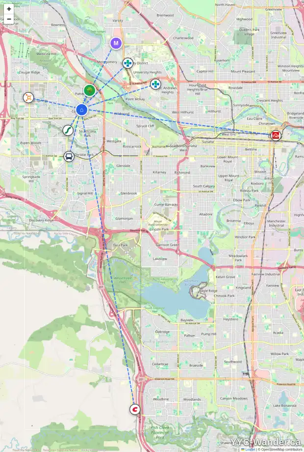 Daily accessibility map for 6303 COACH HILL RD SW, Calgary showing nearby schools, grocery stores, parks, LRT stations and nearby amenities