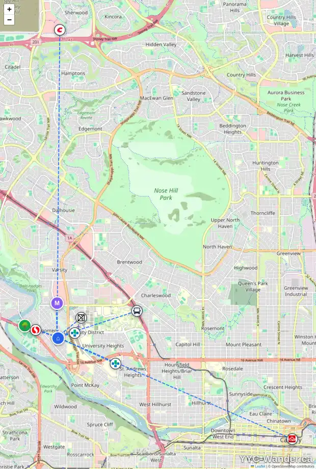 Daily accessibility map for 4612 20 AV NW, Calgary showing nearby schools, grocery stores, parks, LRT stations and nearby amenities