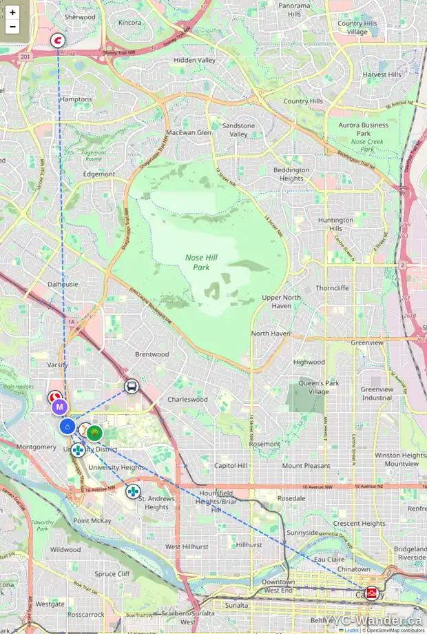 Daily accessibility map for 4603 MONTANA DR NW, Calgary showing nearby schools, grocery stores, parks, LRT stations and nearby amenities