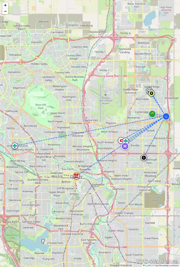 Daily accessibility map for 405 CORAL SPRINGS PL NE, Calgary showing nearby schools, grocery stores, parks, LRT stations and nearby amenities