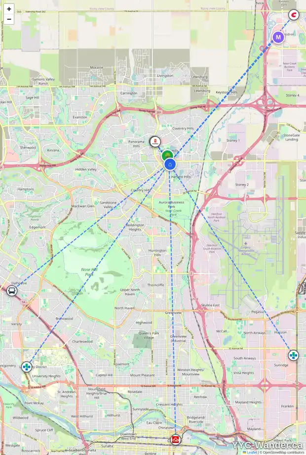 Daily accessibility map for 8 HARVEST OAK PL NE, Calgary showing nearby schools, grocery stores, parks, LRT stations and nearby amenities