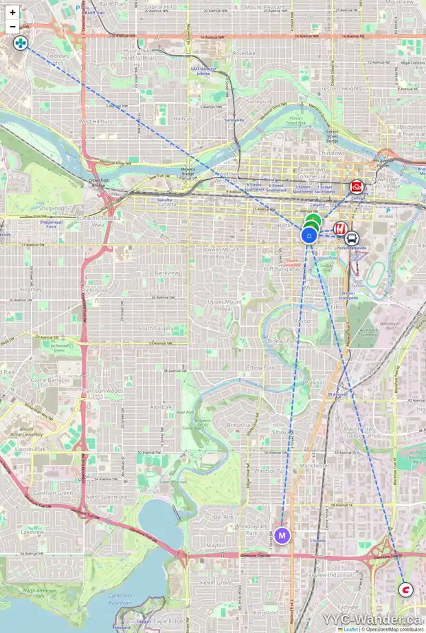 Daily accessibility map for 211 1410 2 ST SW, Calgary showing nearby schools, grocery stores, parks, LRT stations and nearby amenities