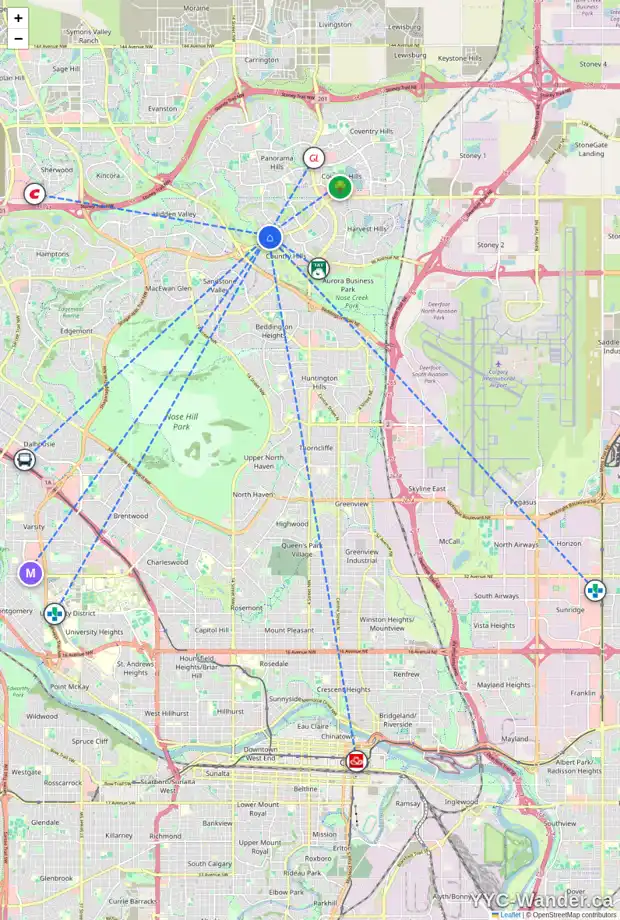 Daily accessibility map for 90 PANORAMA HILLS GV NW, Calgary showing nearby schools, grocery stores, parks, LRT stations and nearby amenities