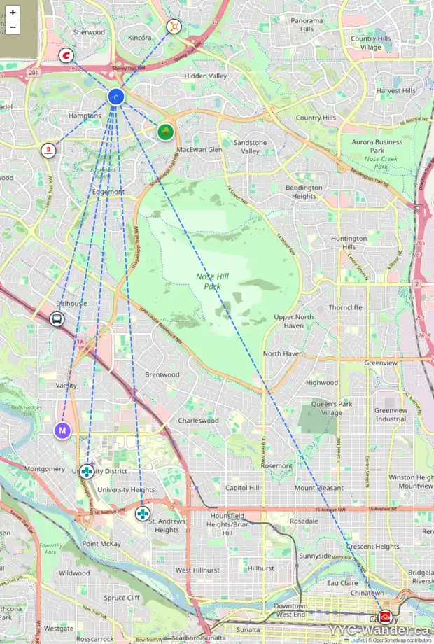 Daily accessibility map for 91 HAMPTONS HT NW, Calgary showing nearby schools, grocery stores, parks, LRT stations and nearby amenities
