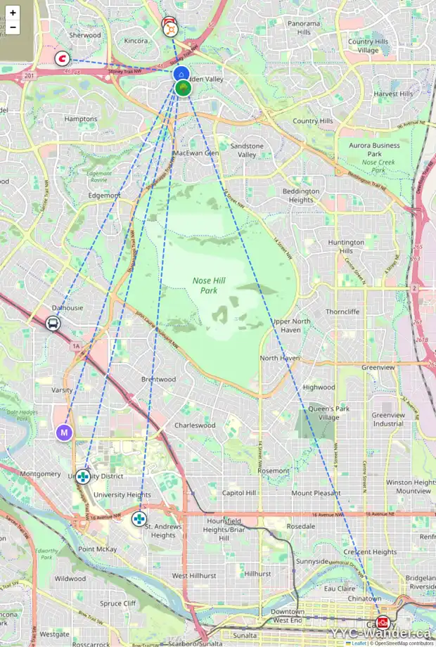 Daily accessibility map for 5 HIDDEN RANCH CO NW, Calgary showing nearby schools, grocery stores, parks, LRT stations and nearby amenities