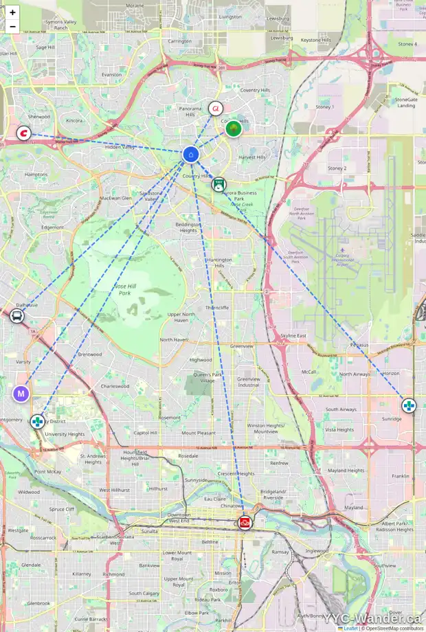 Daily accessibility map for 728 PANORAMA HILLS DR NW, Calgary showing nearby schools, grocery stores, parks, LRT stations and nearby amenities