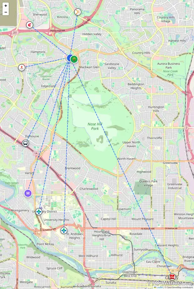 Daily accessibility map for 222 EDGERIDGE GD NW, Calgary showing nearby schools, grocery stores, parks, LRT stations and nearby amenities