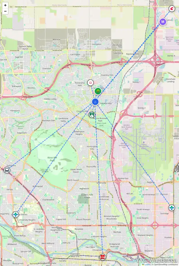 Daily accessibility map for 108 COUNTRY HILLS DR NW, Calgary showing nearby schools, grocery stores, parks, LRT stations and nearby amenities