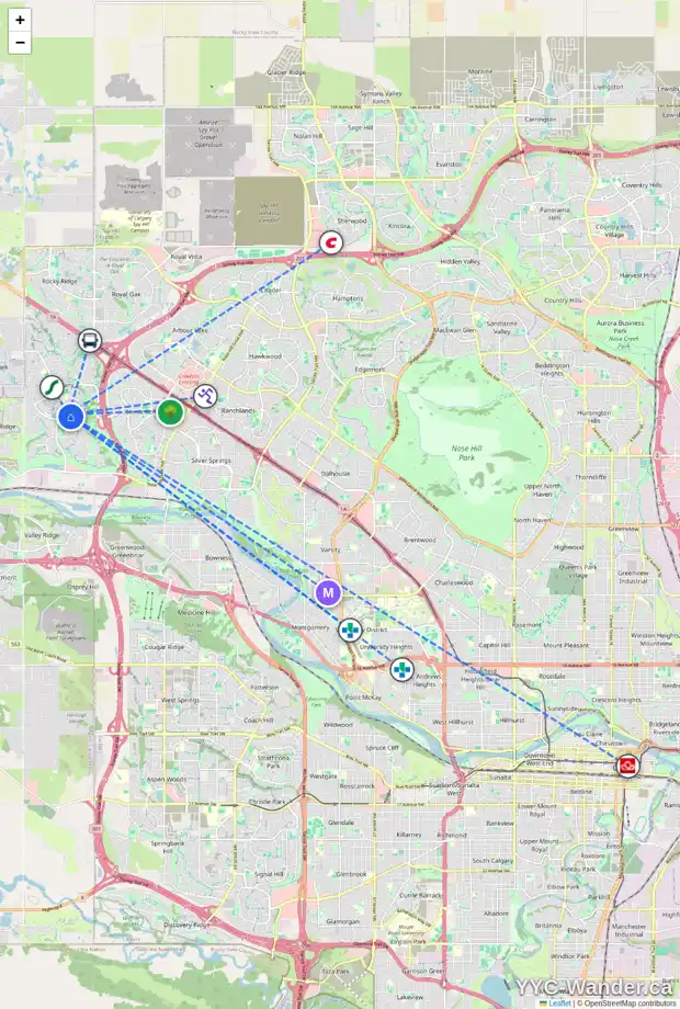Daily accessibility map for 8 TUSCANY HILLS CL NW, Calgary showing nearby schools, grocery stores, parks, LRT stations and nearby amenities