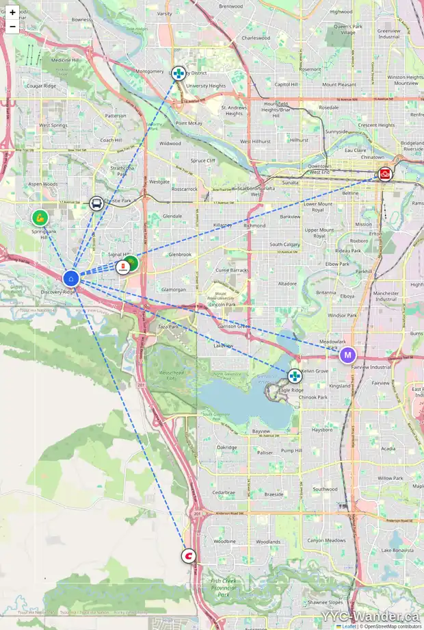 Daily accessibility map for 65 SPRING CR SW, Calgary showing nearby schools, grocery stores, parks, LRT stations and nearby amenities