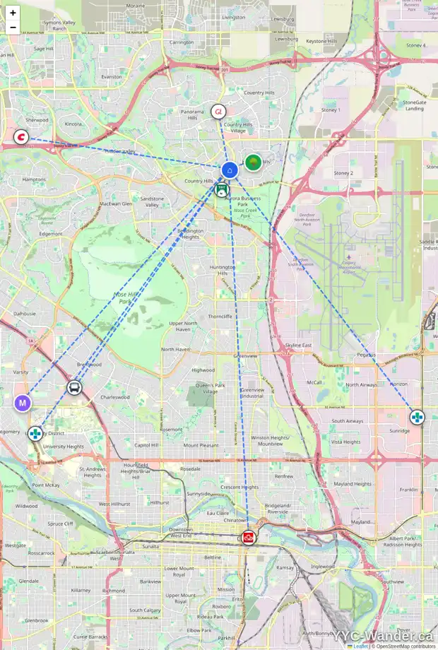 Daily accessibility map for 2083 COUNTRY HILLS CI NW, Calgary showing nearby schools, grocery stores, parks, LRT stations and nearby amenities