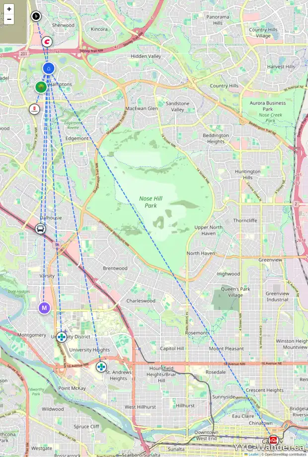 Daily accessibility map for 20 HAMPTONS CV NW, Calgary showing nearby schools, grocery stores, parks, LRT stations and nearby amenities