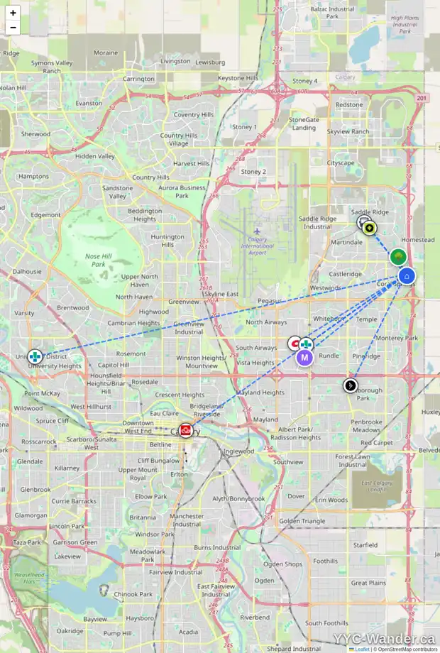 Daily accessibility map for 137 CORAL SPRINGS PA NE, Calgary showing nearby schools, grocery stores, parks, LRT stations and nearby amenities