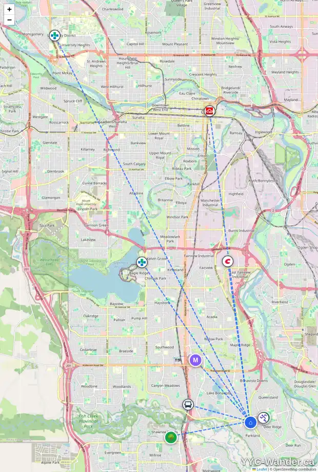 Daily accessibility map for 1019 PARKWOOD WY SE, Calgary showing nearby schools, grocery stores, parks, LRT stations and nearby amenities