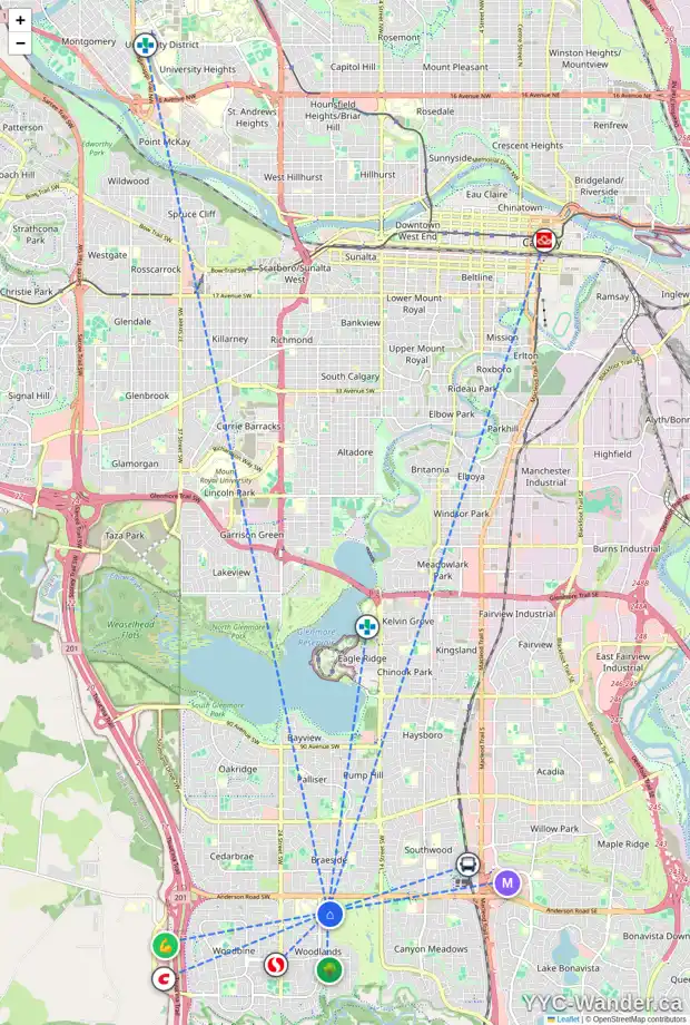 Daily accessibility map for 624 WOODPARK CR SW, Calgary showing nearby schools, grocery stores, parks, LRT stations and nearby amenities