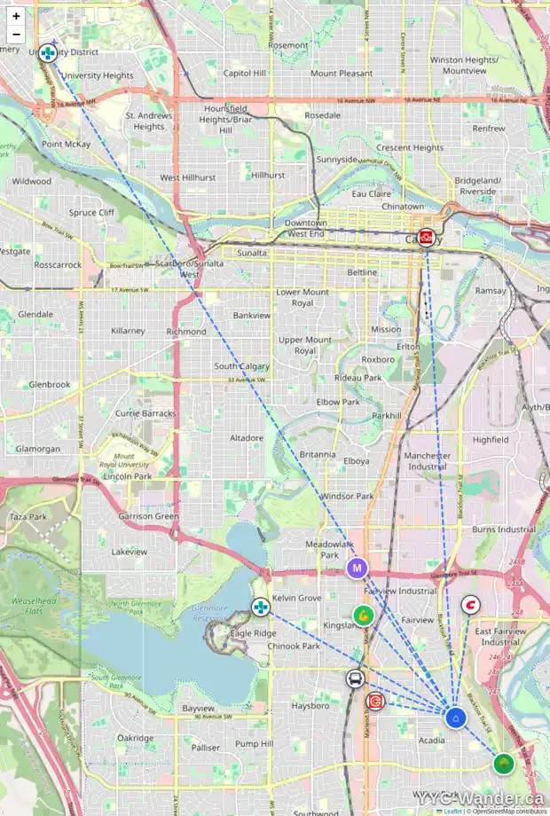 Daily accessibility map for 28 ALLANDALE CL SE, Calgary showing nearby schools, grocery stores, parks, LRT stations and nearby amenities