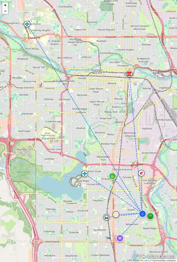 Daily accessibility map for 9708 ACADEMY DR SE, Calgary showing nearby schools, grocery stores, parks, LRT stations and nearby amenities