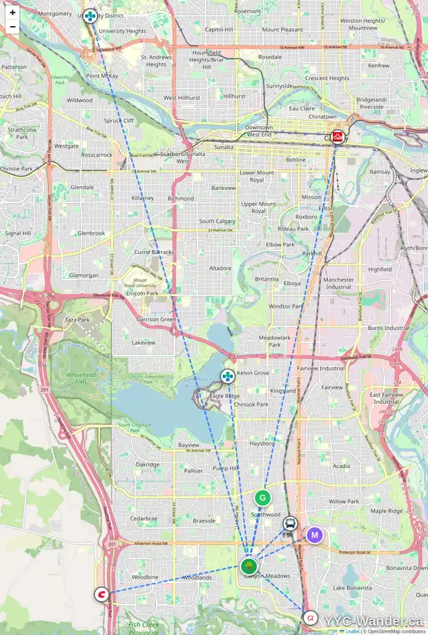 Daily accessibility map for 1307 116 AV SW, Calgary showing nearby schools, grocery stores, parks, LRT stations and nearby amenities