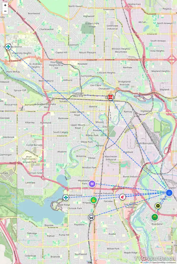 Daily accessibility map for 2339 CRESTWOOD RD SE, Calgary showing nearby schools, grocery stores, parks, LRT stations and nearby amenities