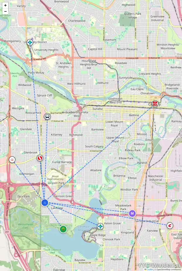 Daily accessibility map for 3652 LOGAN CR SW, Calgary showing nearby schools, grocery stores, parks, LRT stations and nearby amenities