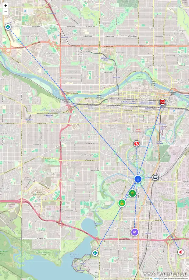 Daily accessibility map for 407 RIVERDALE AV SW, Calgary showing nearby schools, grocery stores, parks, LRT stations and nearby amenities