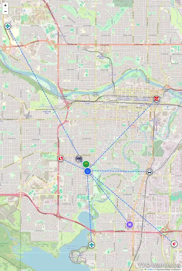 Daily accessibility map for 1681 40 AV SW, Calgary showing nearby schools, grocery stores, parks, LRT stations and nearby amenities