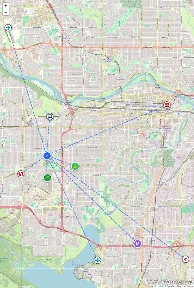 Daily accessibility map for 3027 27 ST SW, Calgary showing nearby schools, grocery stores, parks, LRT stations and nearby amenities