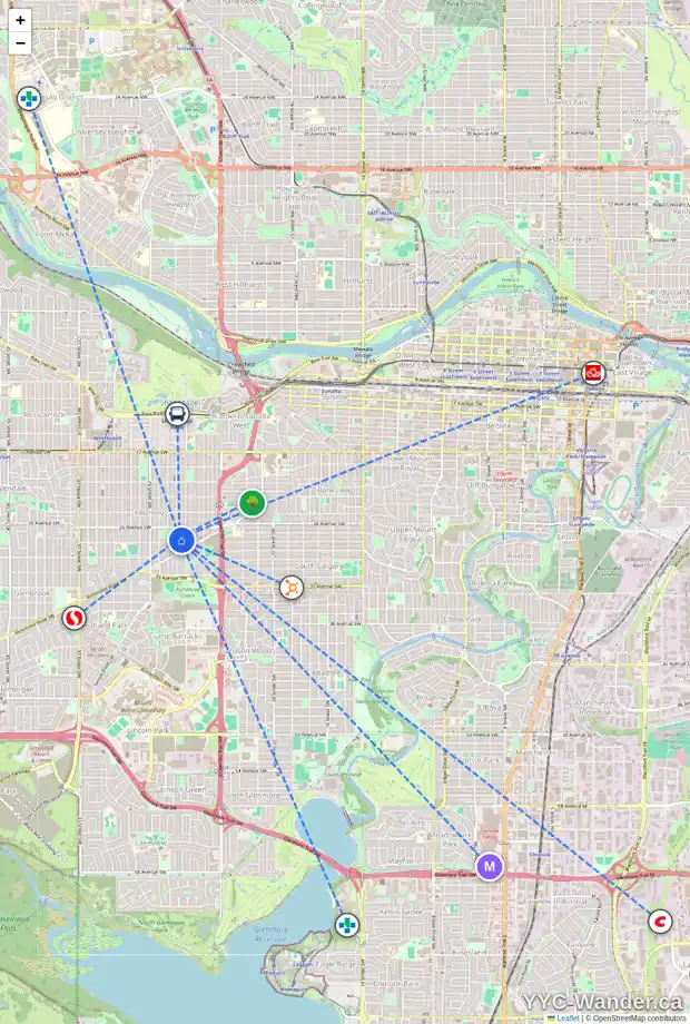 Daily accessibility map for 2830 26A ST SW, Calgary showing nearby schools, grocery stores, parks, LRT stations and nearby amenities