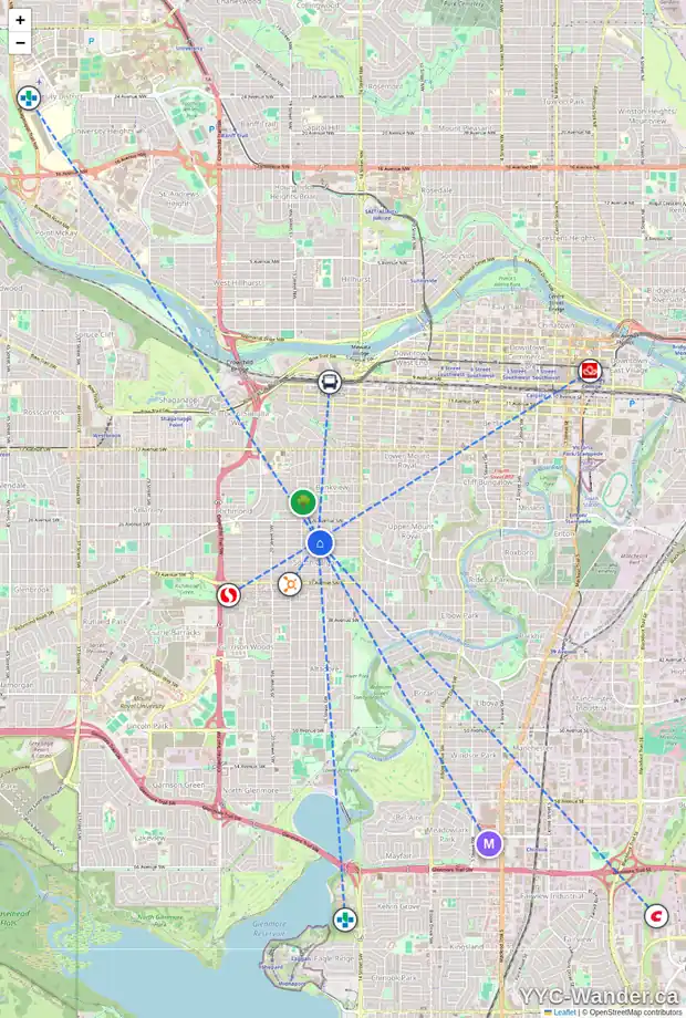 Daily accessibility map for 2906 17 ST SW, Calgary showing nearby schools, grocery stores, parks, LRT stations and nearby amenities